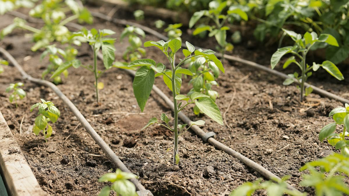 Drip irrigation line running between young plants